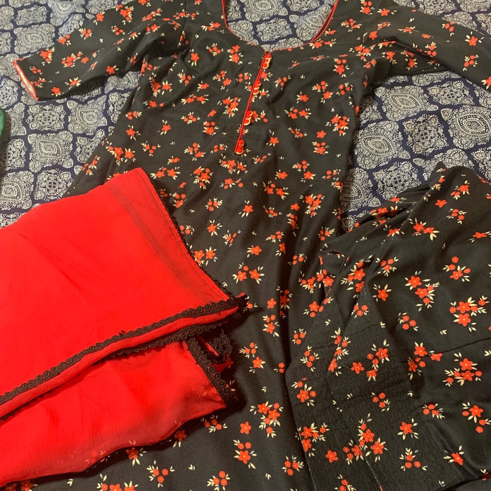 Cotton black and red salwaar suit